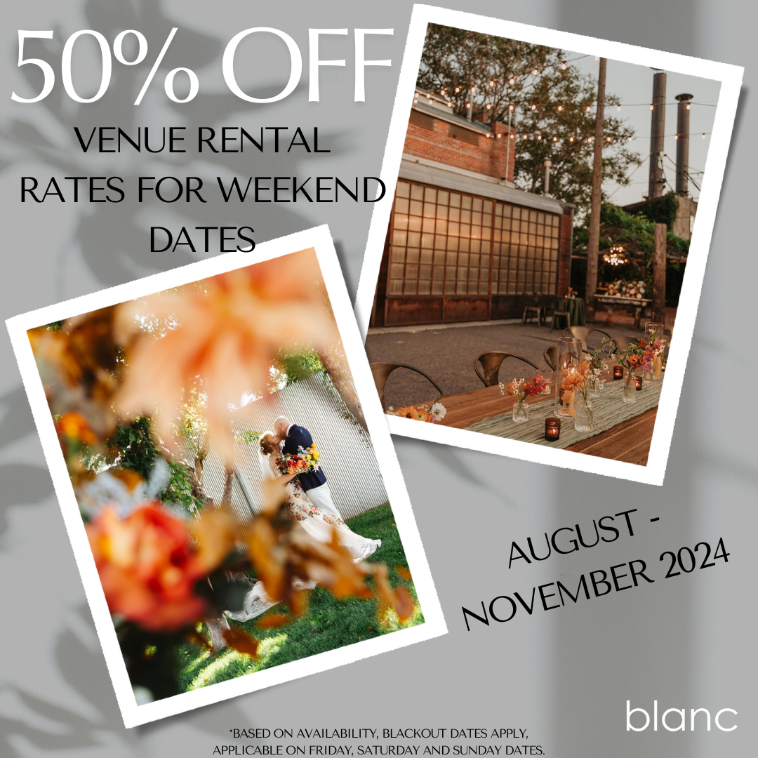 50% off venue rental rates for weekend dates - exclusions apply